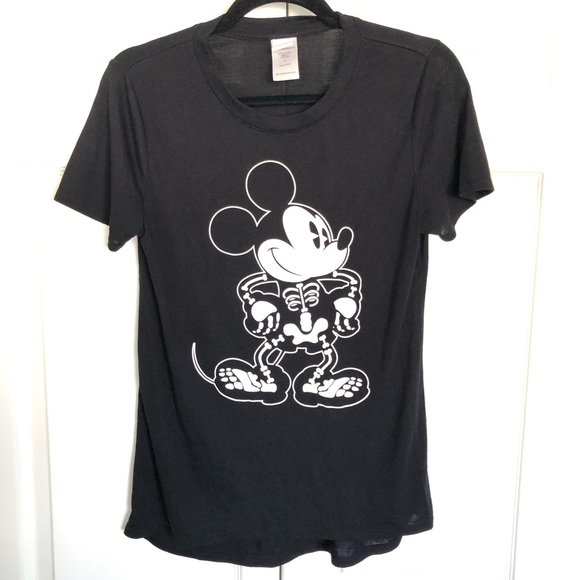 Black and White GLOW Disney Mickey Mouse Skeleton Halloween T-Shirt Size S - Picture 1 of 4